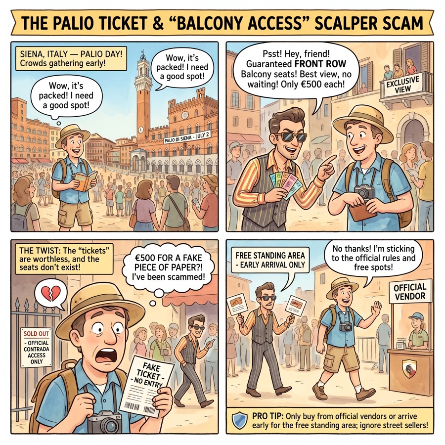 The Palio Ticket & "Balcony Access" Scalper Scam — comic illustration
