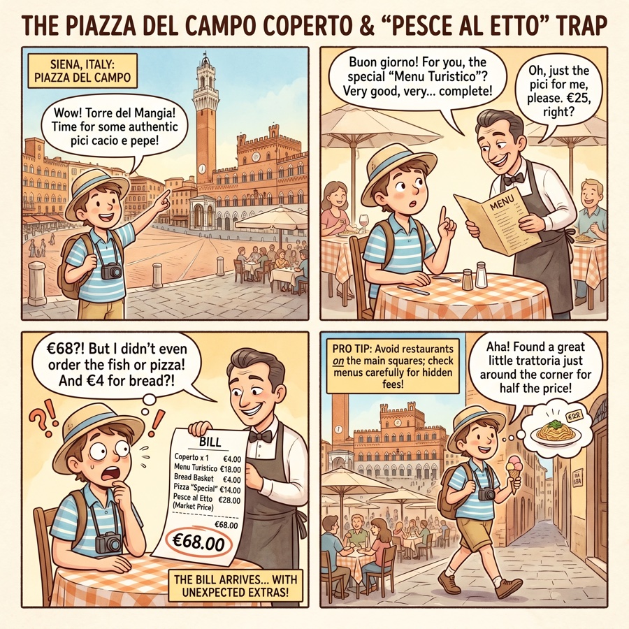 The Piazza del Campo Coperto & "Pesce al Etto" Trap — comic illustration