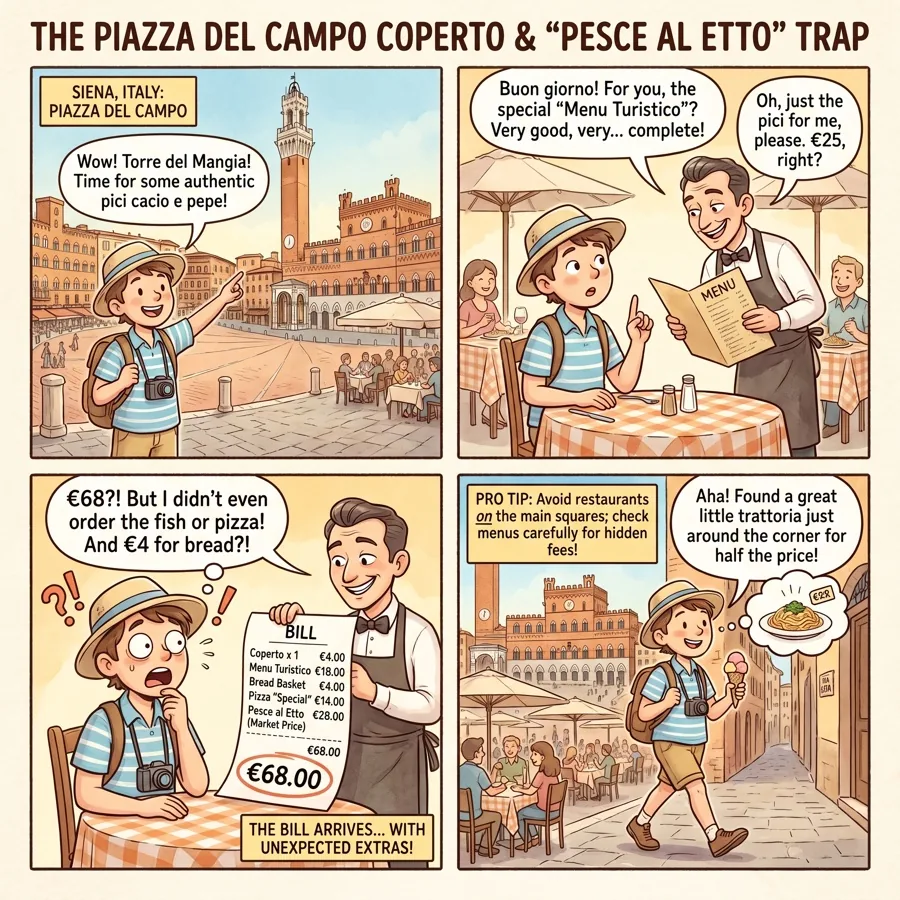 The Piazza del Campo Coperto & "Pesce al Etto" Trap — comic illustration