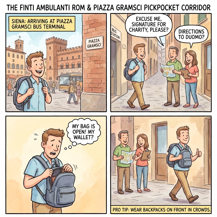 The Finti Ambulanti Rom & Piazza Gramsci Pickpocket Corridor — comic illustration