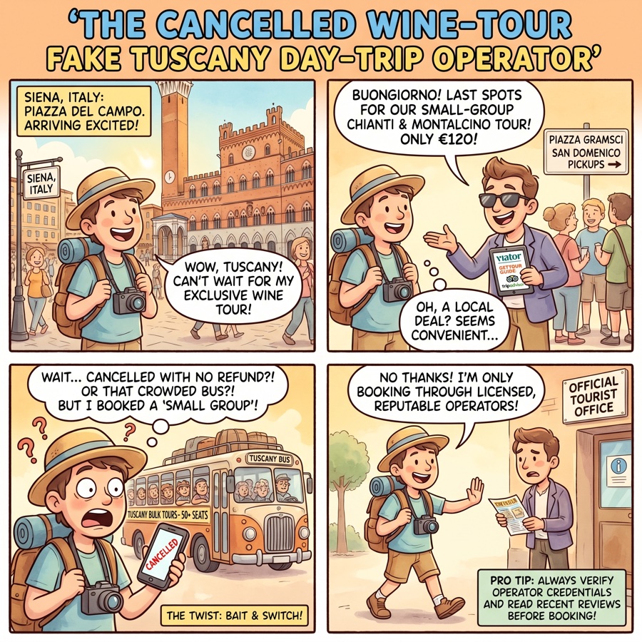 The Canceled Wine-Tour / Fake Tuscany Day-Trip Operator — comic illustration