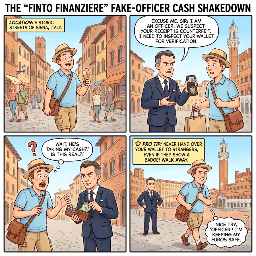 The "Finto Finanziere" Fake-Officer Cash Shakedown — comic illustration