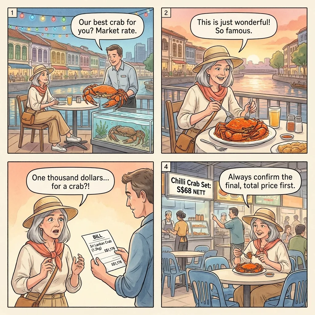 The Clarke Quay Seafood 'Market Rate' Bill Surprise — comic illustration