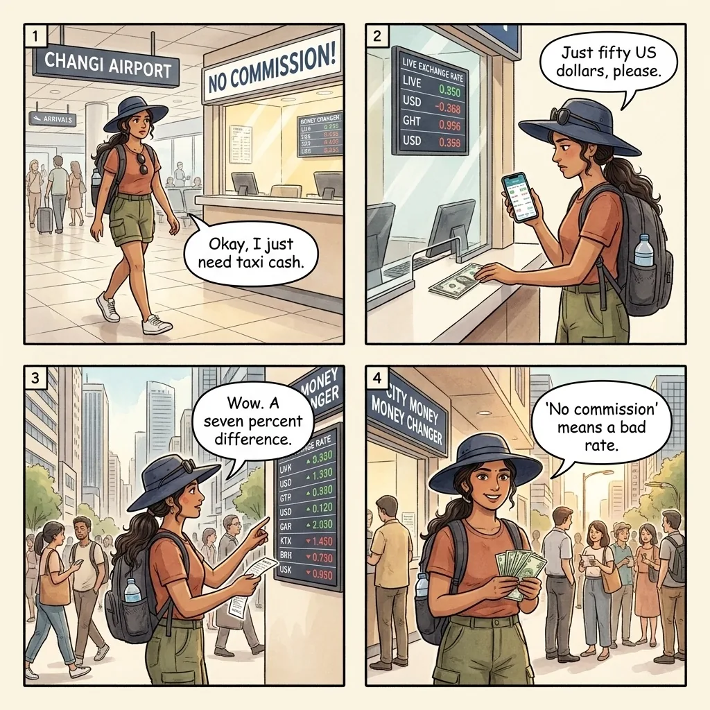 The Changi Airport Currency-Exchange Spread Trap — comic illustration
