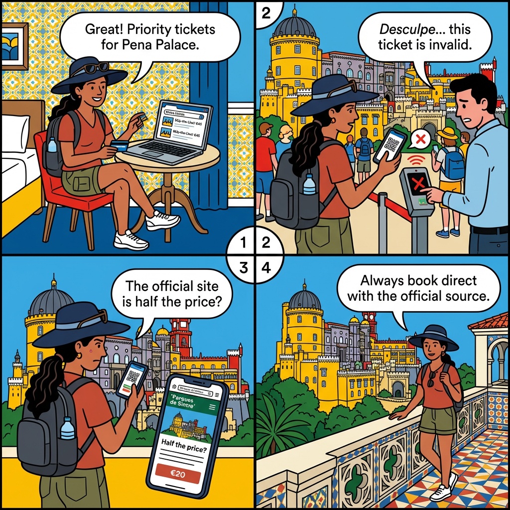 Fake 'Skip-the-Line' Sintra Ticket Reseller Sites (Headout, Viator, Third-Party) — comic illustration