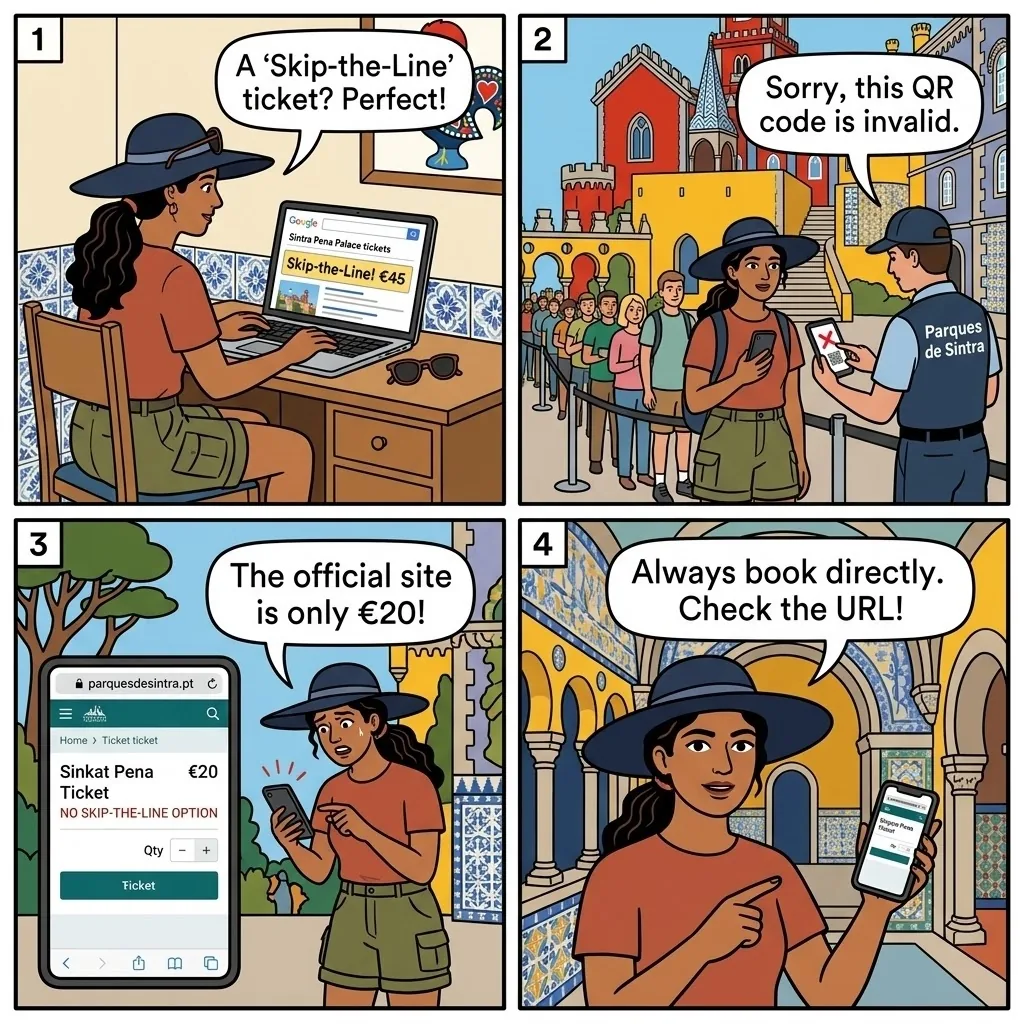 Fake 'Skip-the-Line' Sintra Ticket Reseller Sites (Headout, Viator, Third-Party) — comic illustration