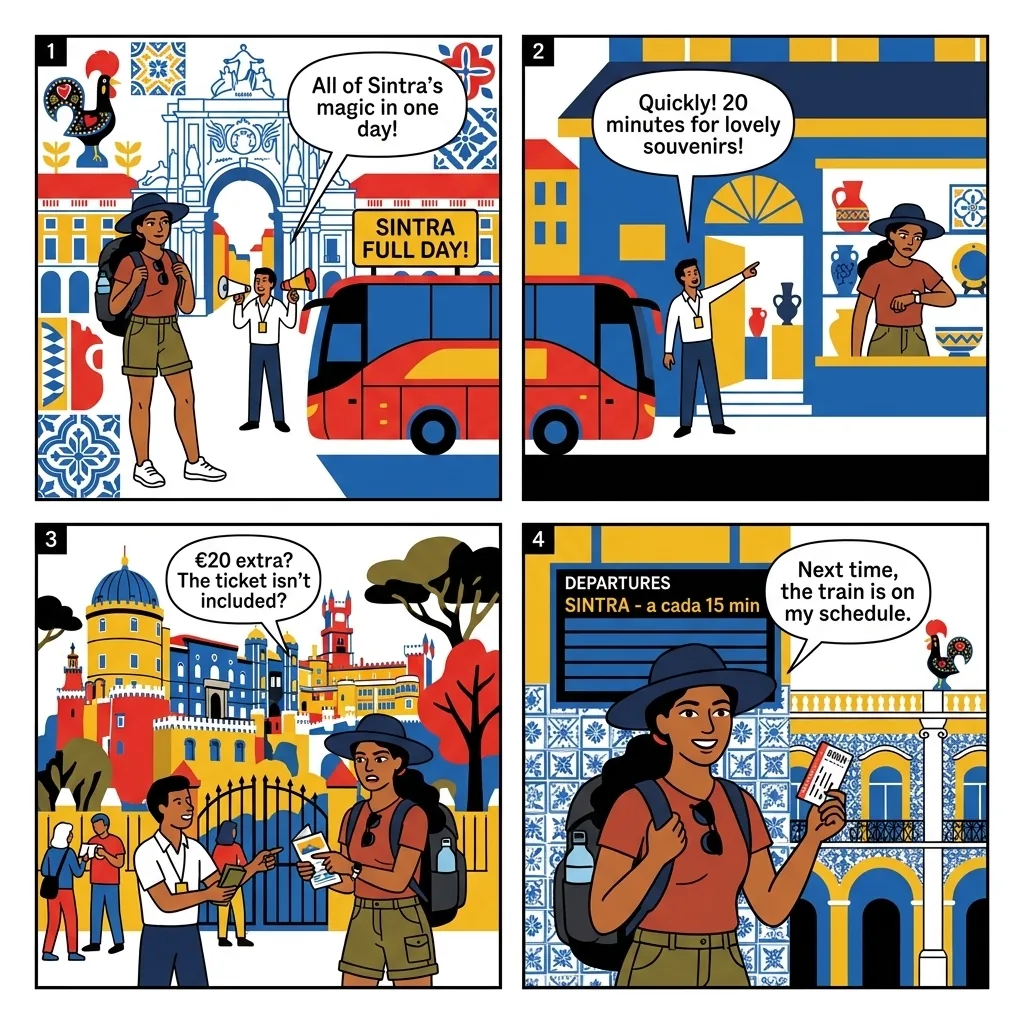 Sintra Day-Trip Tour Bus Shopping Stop & Cabo da Roca Compression — comic illustration
