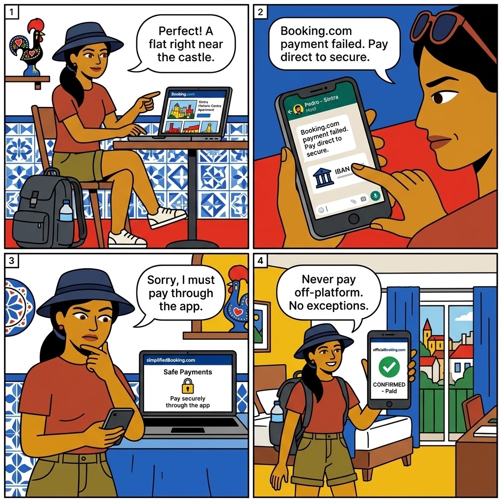 Booking.com Sintra Accommodation Off-Platform Fraud — comic illustration