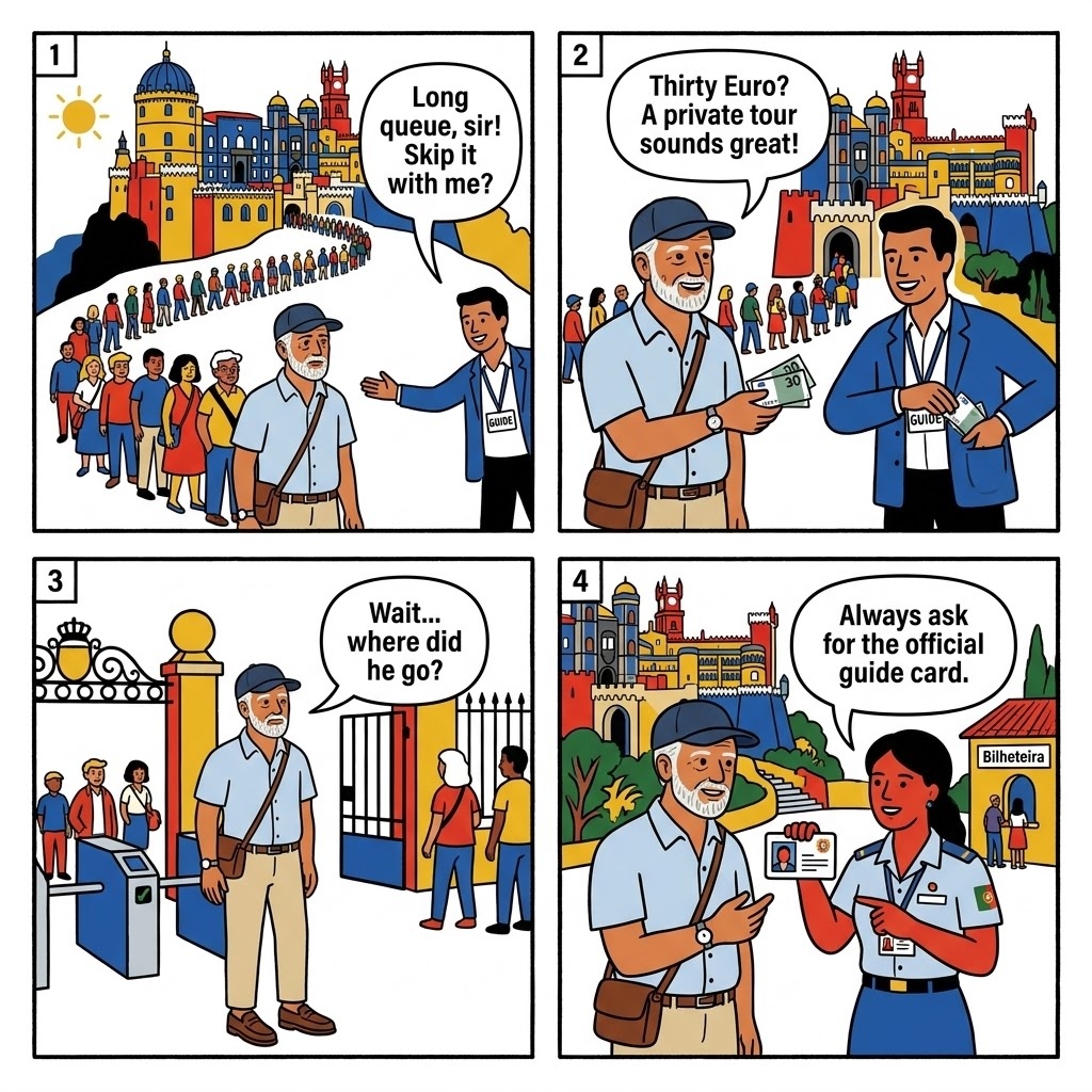 Unlicensed 'Guide' Pressure Sales at Palace Entrances — comic illustration
