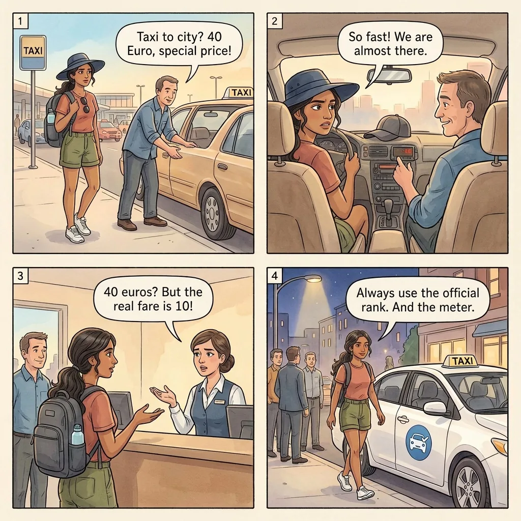 Airport and City Taxi Overcharge — comic illustration