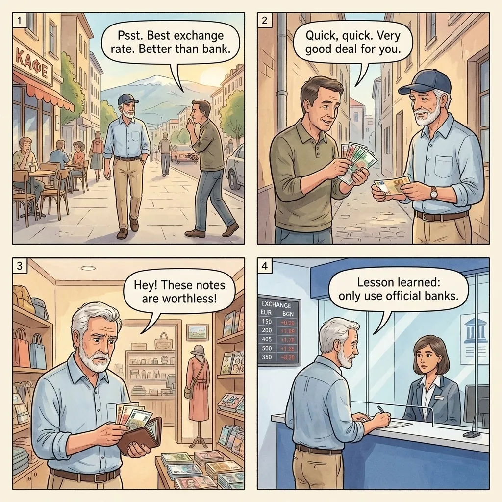 Vitosha Boulevard Exchange Scam — comic illustration