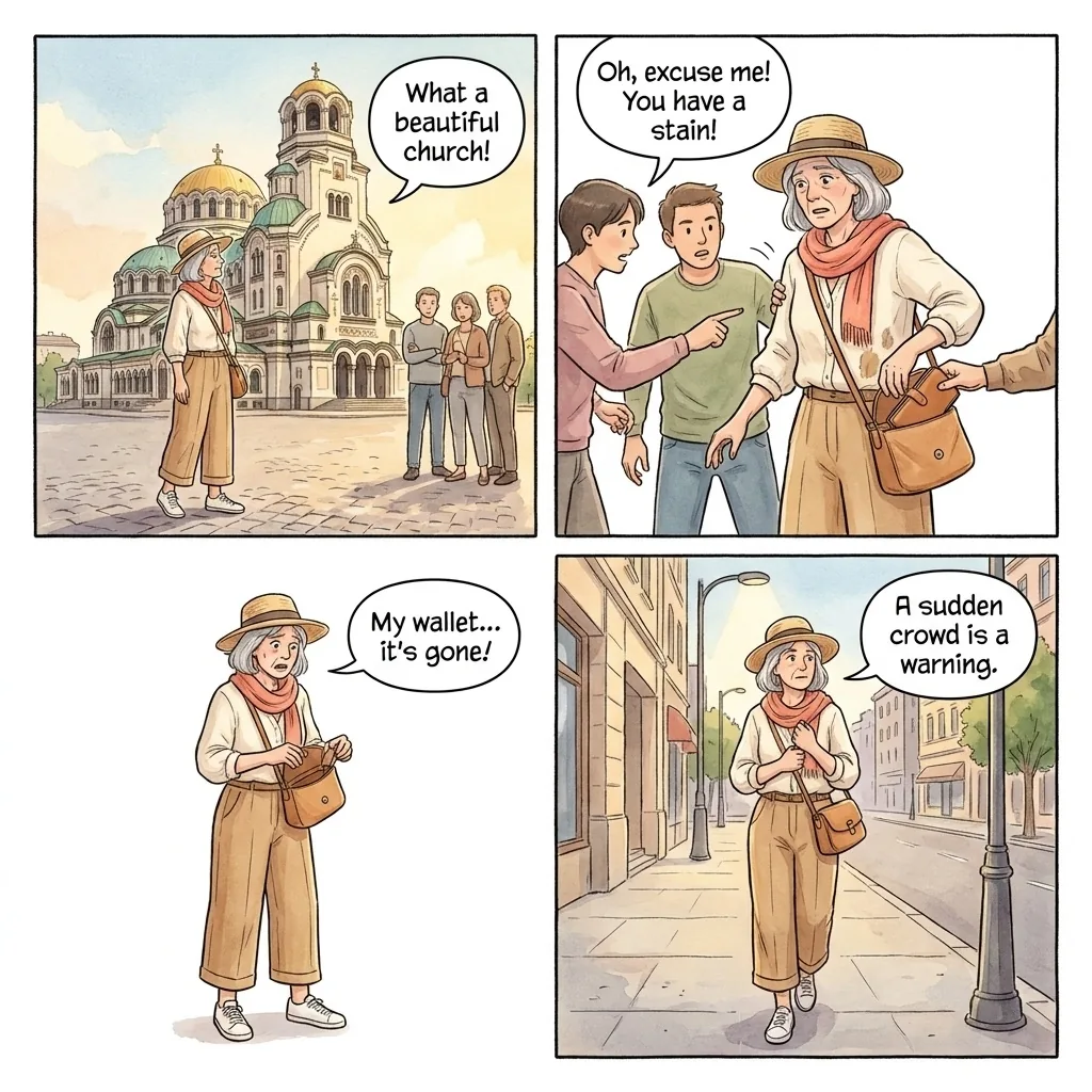 Pickpocket Groups at Sveta Nedelya Square — comic illustration