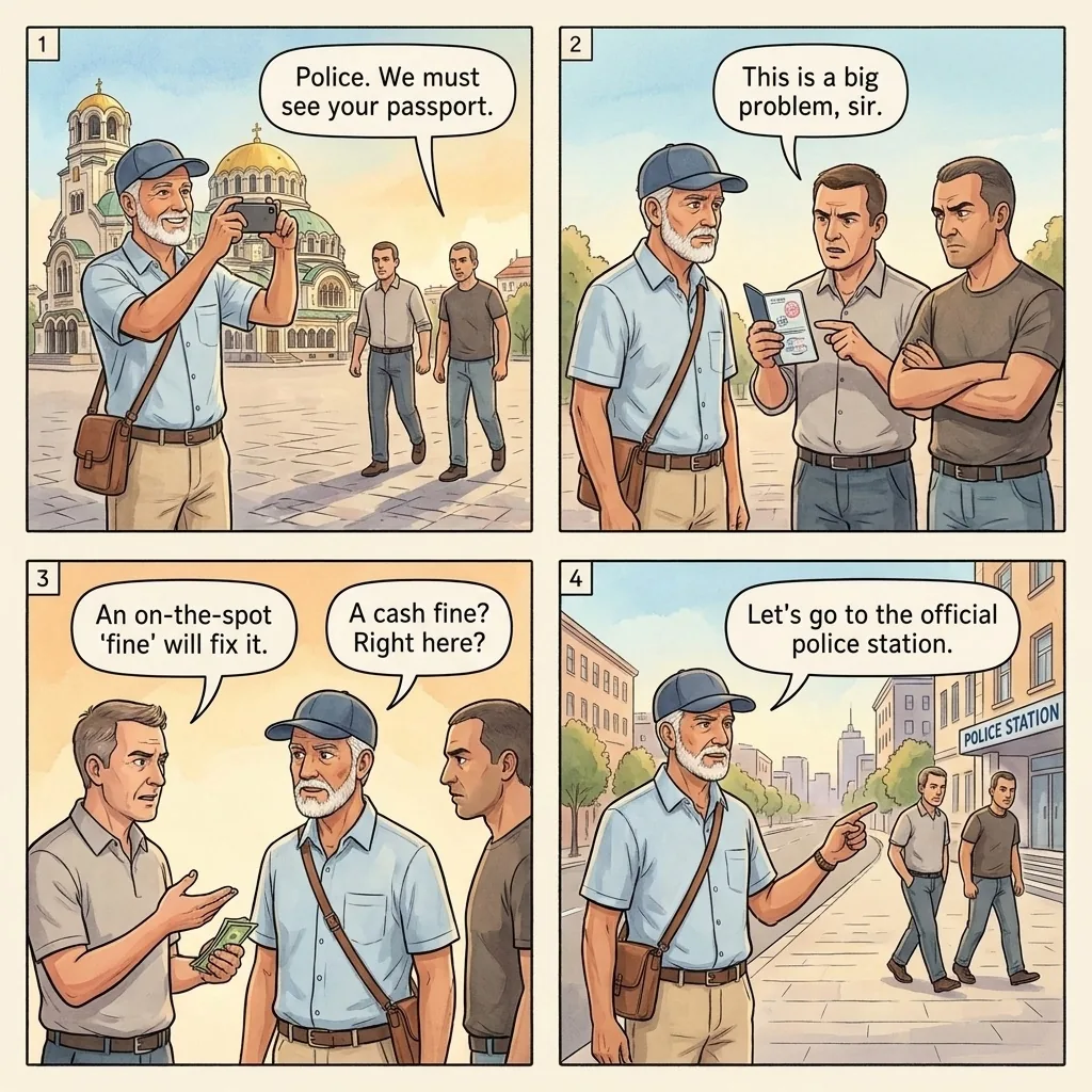 Fake Policeman Bribe Demand — comic illustration