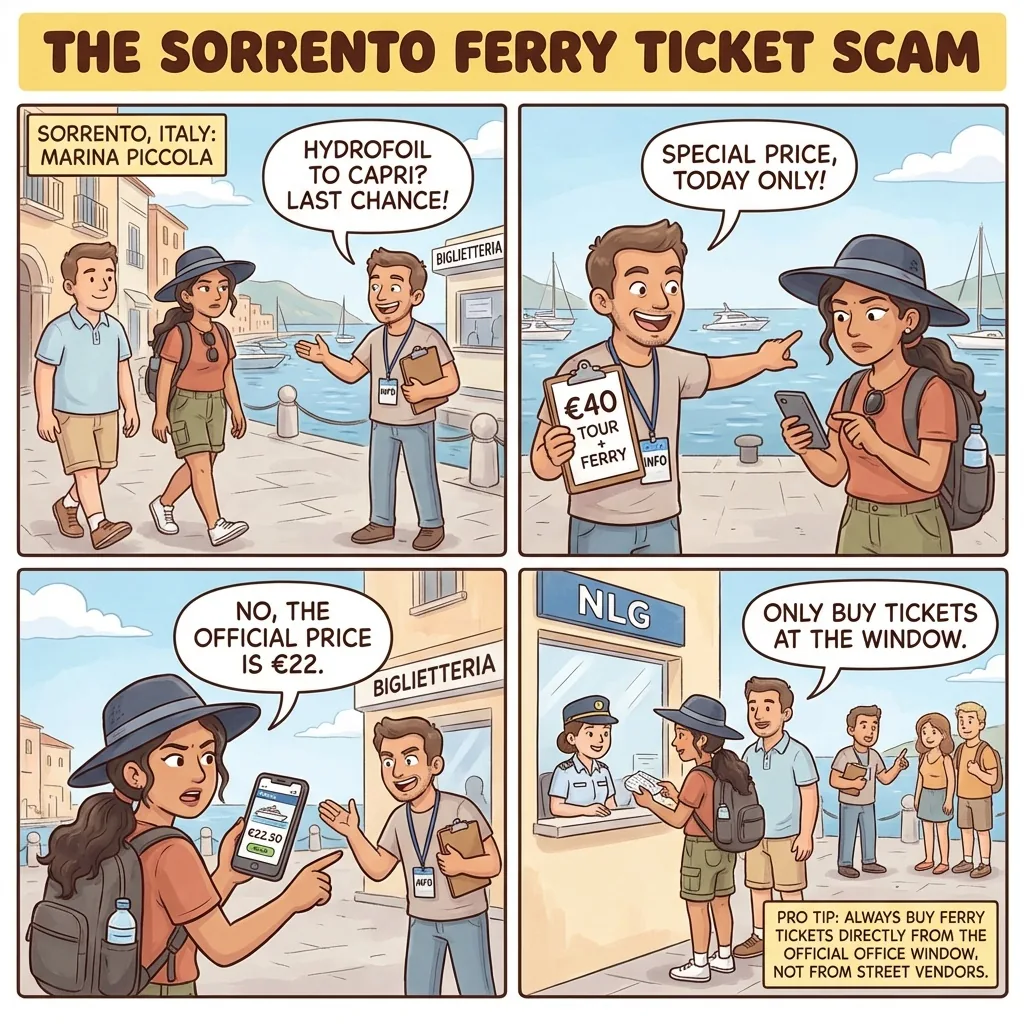 Sorrento–Capri Hydrofoil Ticket Markup — comic illustration