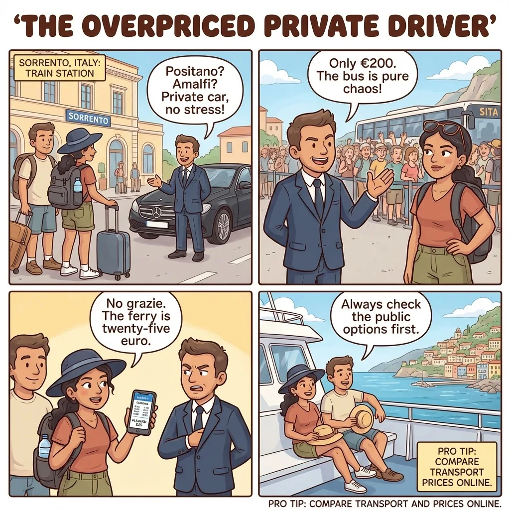 Sorrento–Amalfi Coast Private-Transfer Gouge — comic illustration