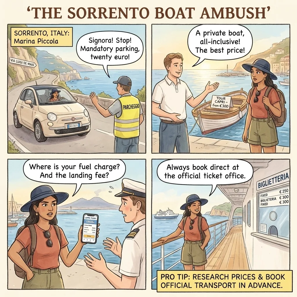 Marina Piccola Parcheggiatori Abusivi & Boat-Tour Quote Creep — comic illustration