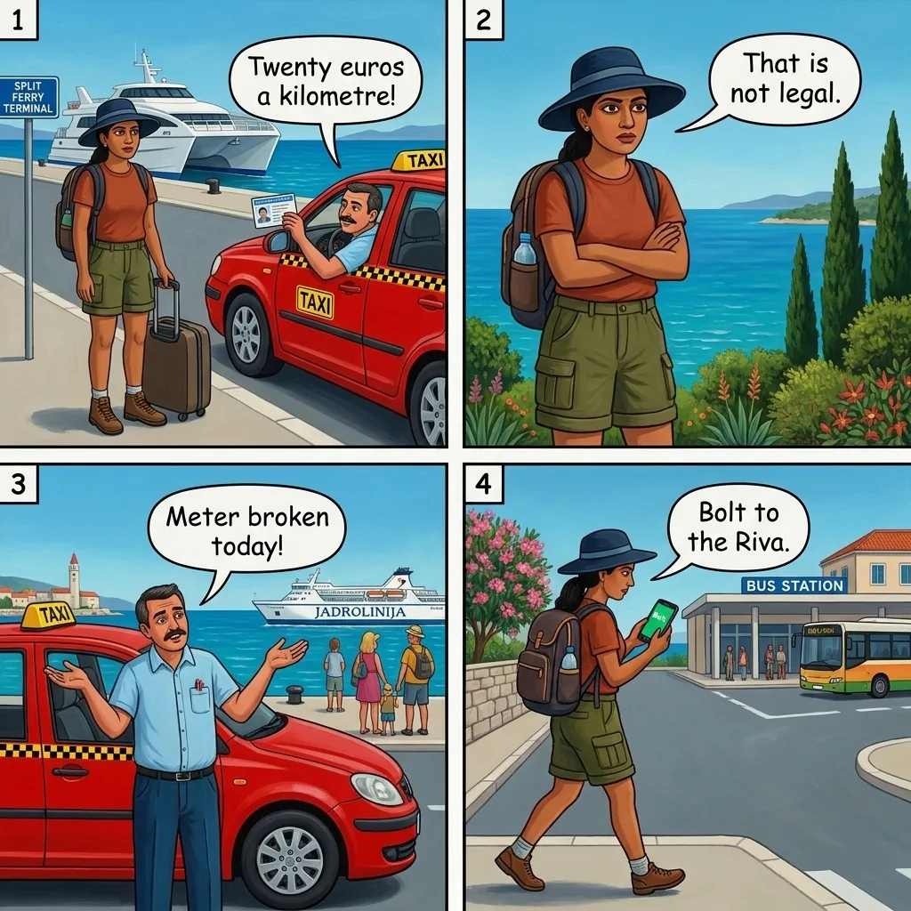 Ferry Port 'Predator' Taxi Overcharge — comic illustration