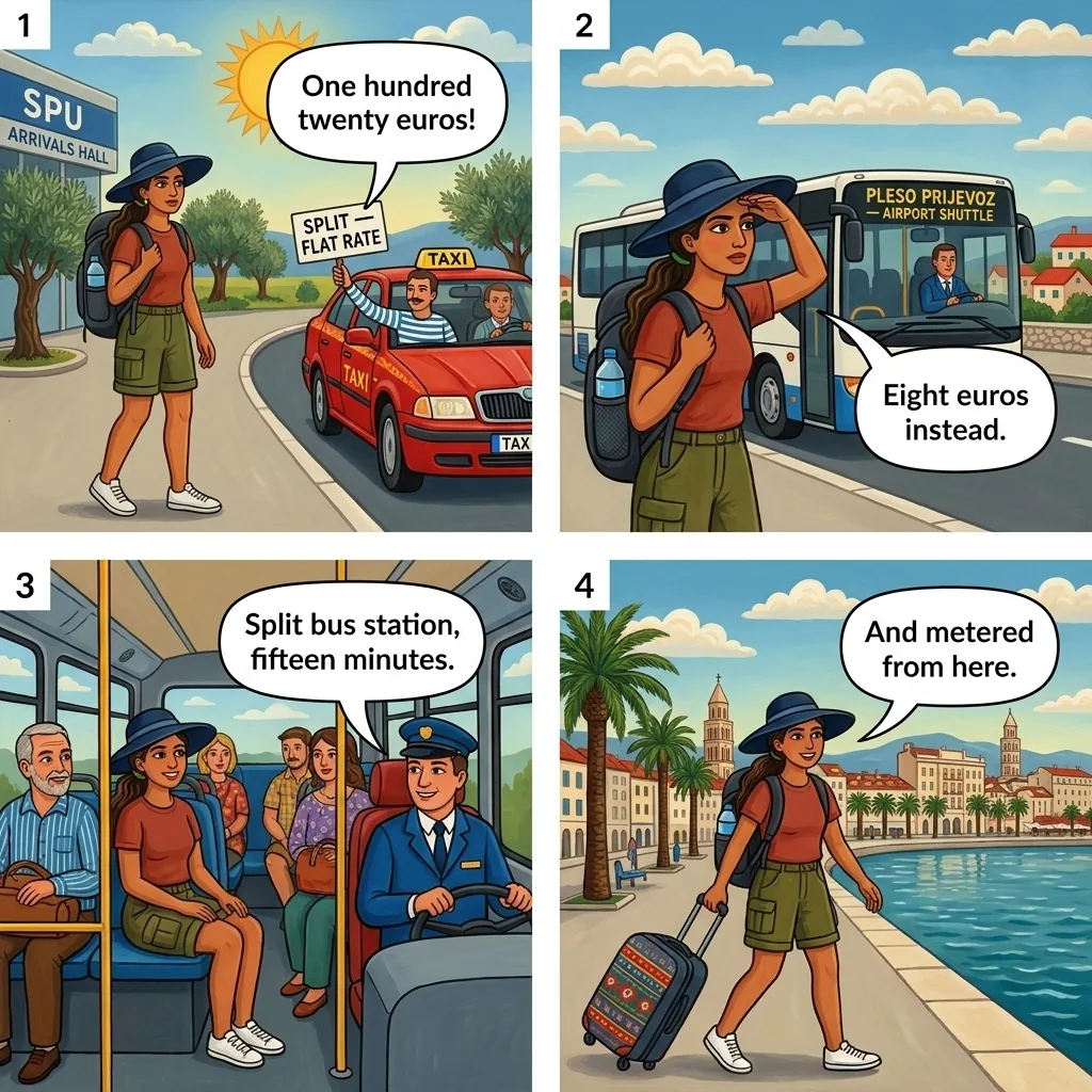 SPU Airport & Kaštela Taxi Overcharge — comic illustration