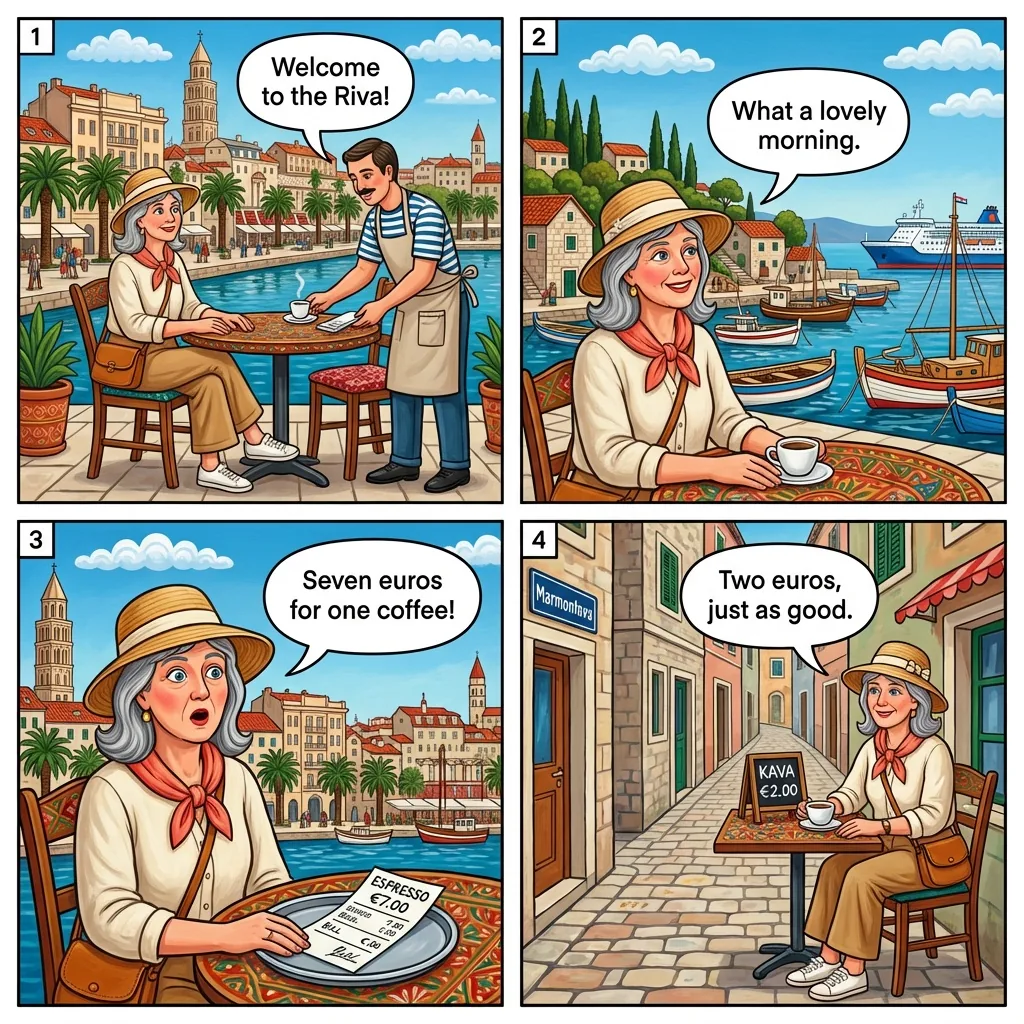 Riva Promenade & Old Town Menu Trap — comic illustration