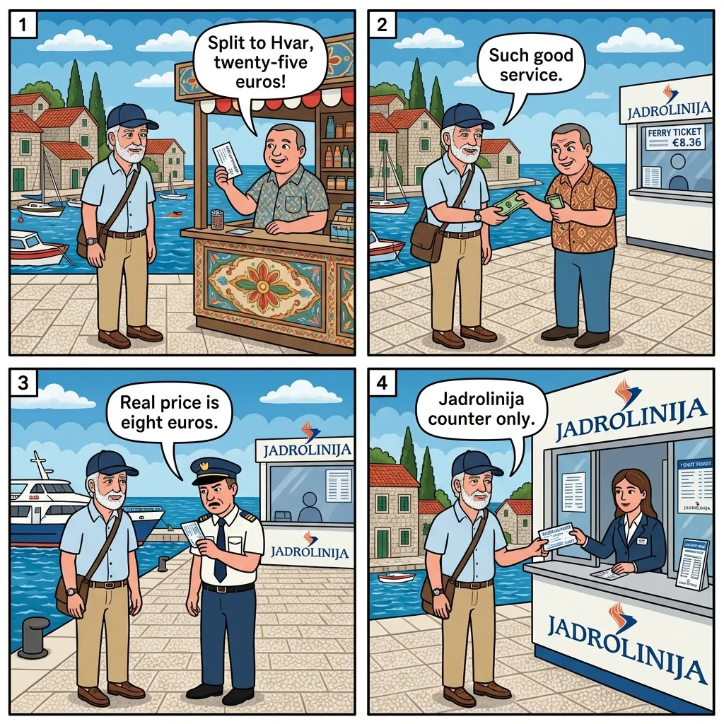 Jadrolinija & Krilo Ferry Ticket Tout — comic illustration