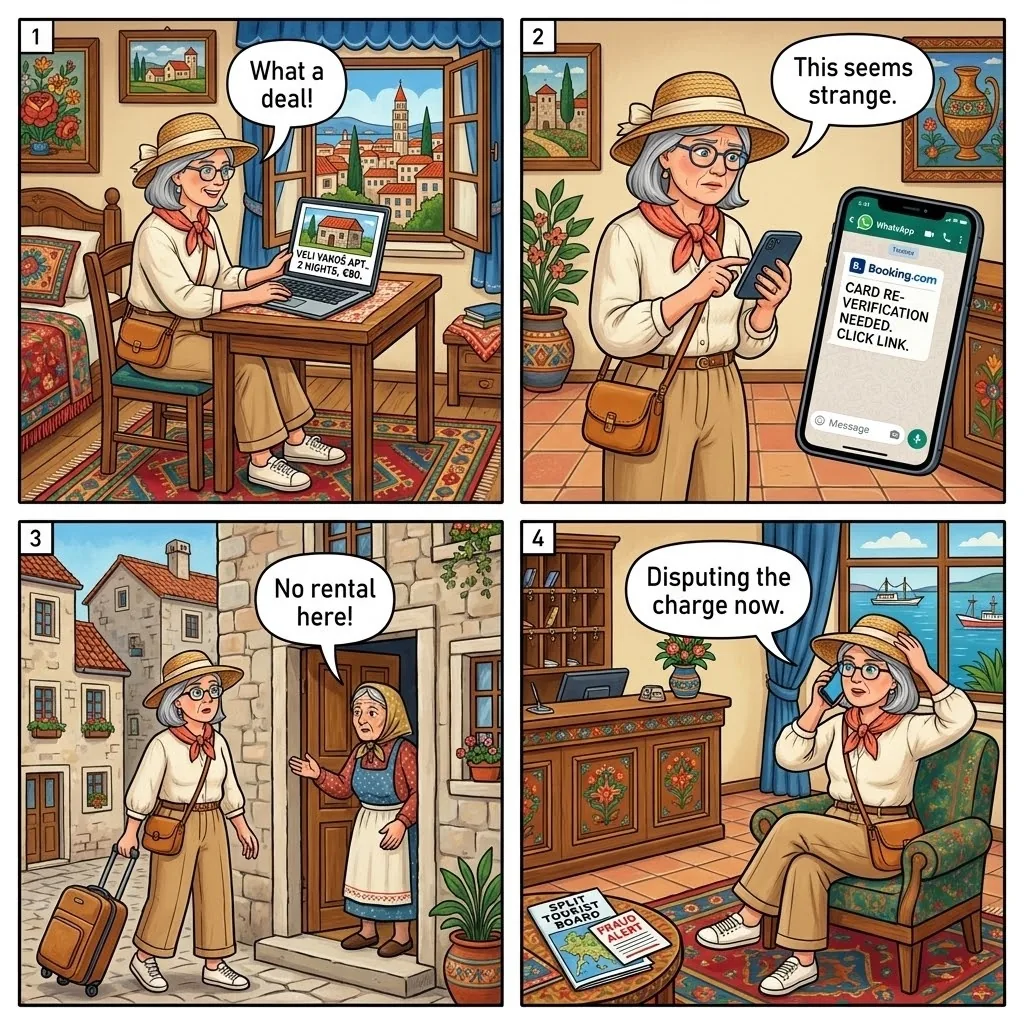 Split Apartment Booking.com Fraud & Fake Listing — comic illustration