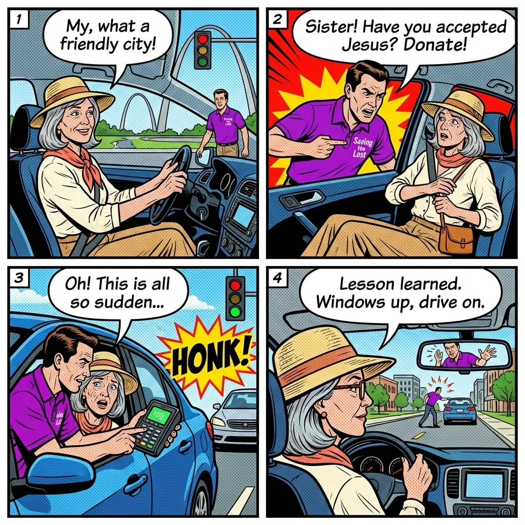 St. Louis 'Purple Shirt' Intersection Window-Approach Scam — comic illustration