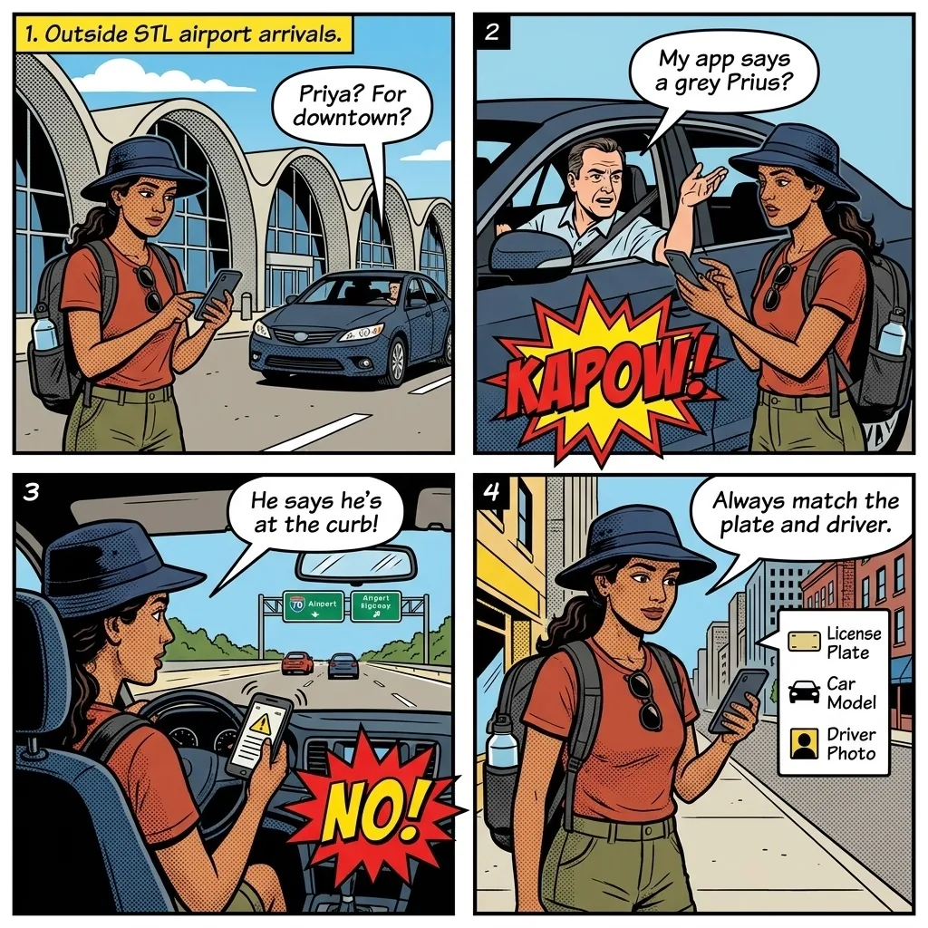 STL Airport Fake Uber & Rideshare Impersonation — comic illustration