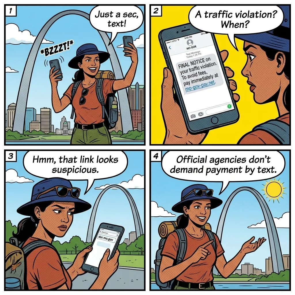 Missouri DOR 'Traffic Violation' Text & Phone Scam — comic illustration