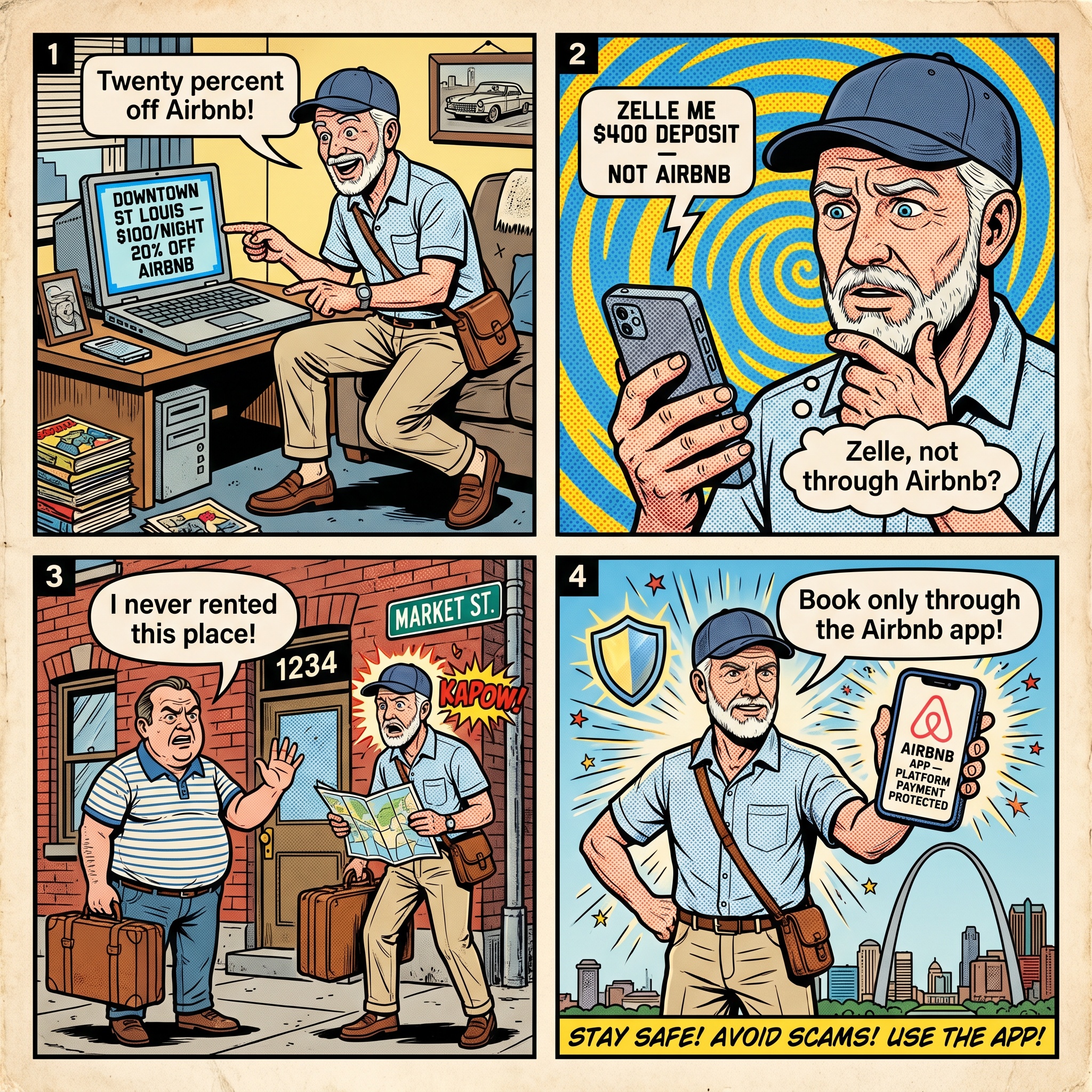 St. Louis Hotel & STR Off-Platform Booking Fraud — comic illustration