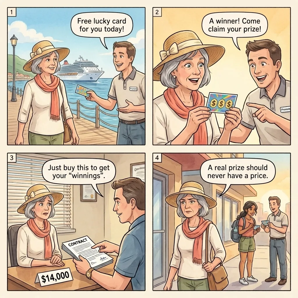 The Scratch Card Prize Scam — comic illustration