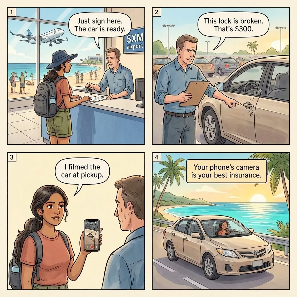 The Rental Car Damage Hustle — comic illustration