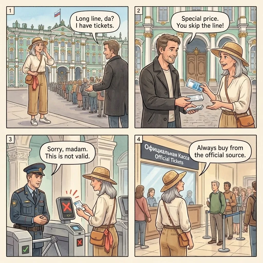 The Fake Museum Ticket Tout — comic illustration