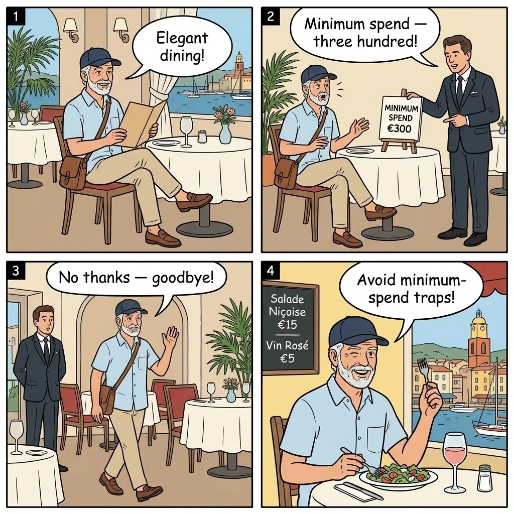 Restaurant Racketeering & Minimum Spend — comic illustration