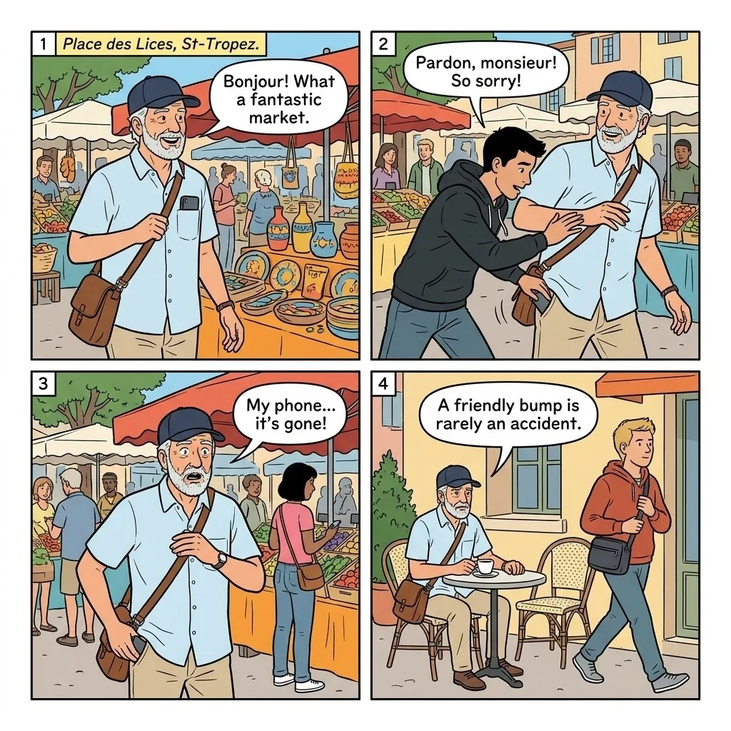 Pickpocketing & Distraction Theft — comic illustration