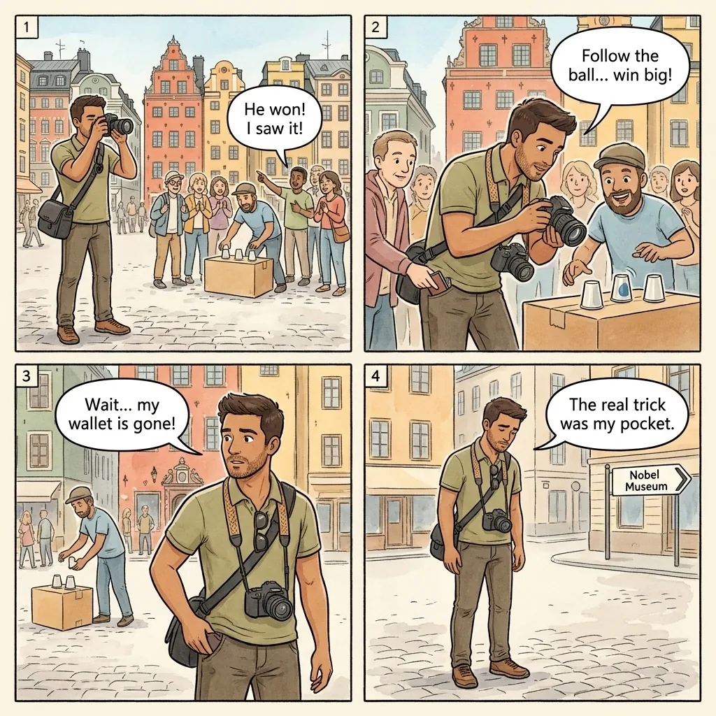 Gamla Stan Three-Card Monte and Pickpocket Teams — comic illustration