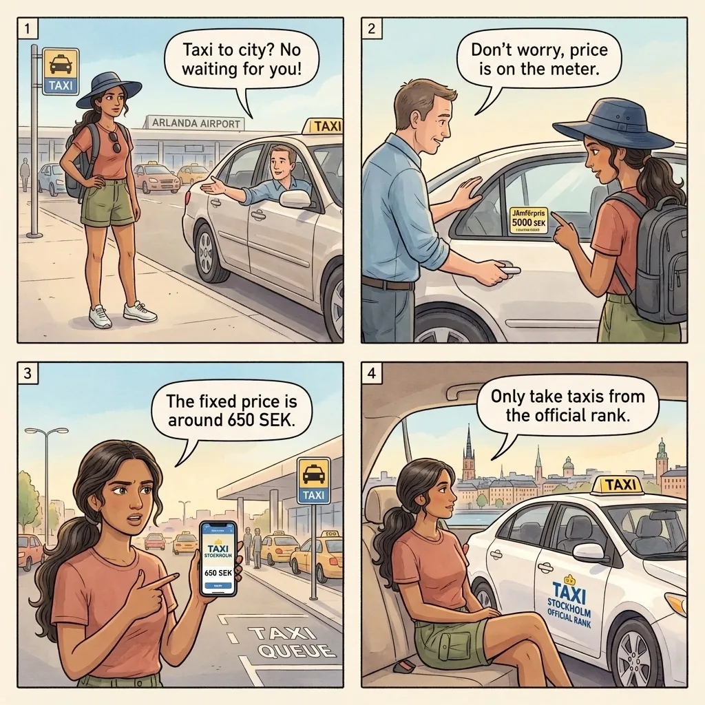 Arlanda Airport Taxi Overcharging — comic illustration