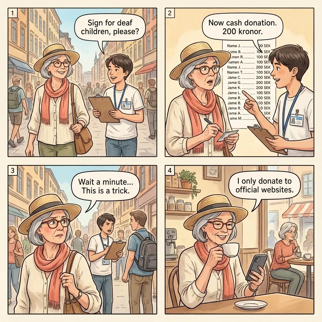 Fake Charity and Petition Scam — comic illustration