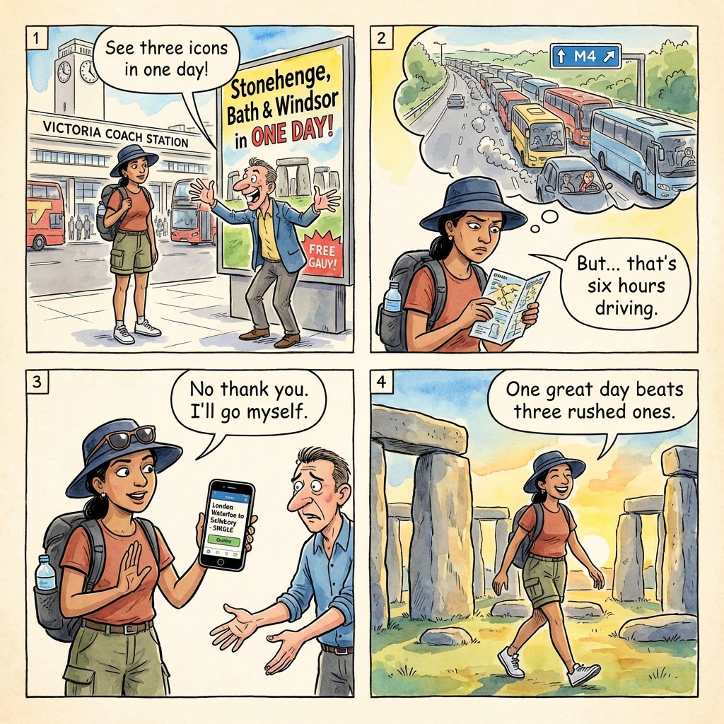 London Coach-Tour 'Stonehenge + Bath + Windsor' Combo Package Fraud — comic illustration