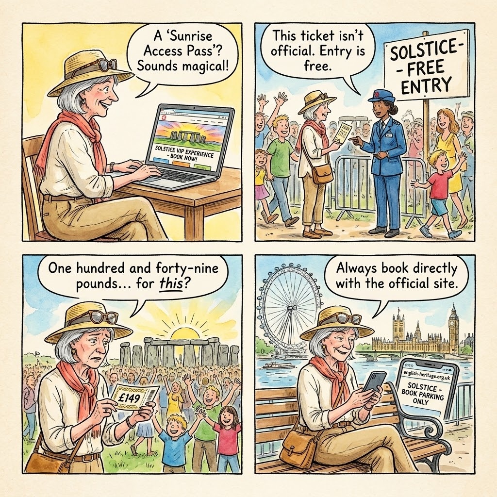 Summer & Winter Solstice Over-Pricing & 'Free Entry' Confusion — comic illustration