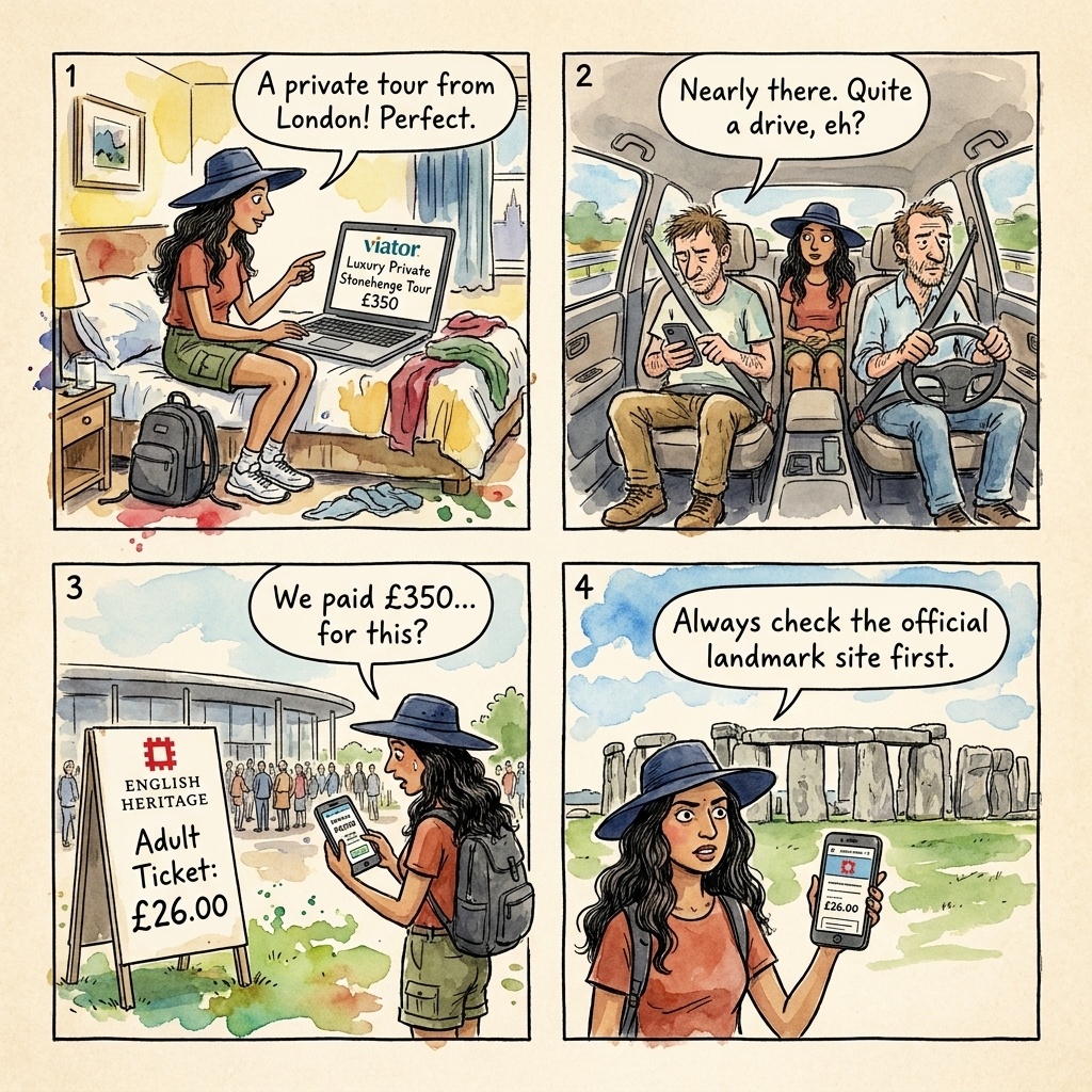 Private Stonehenge Tour Operator Unlicensed Guides & Viator Markup — comic illustration