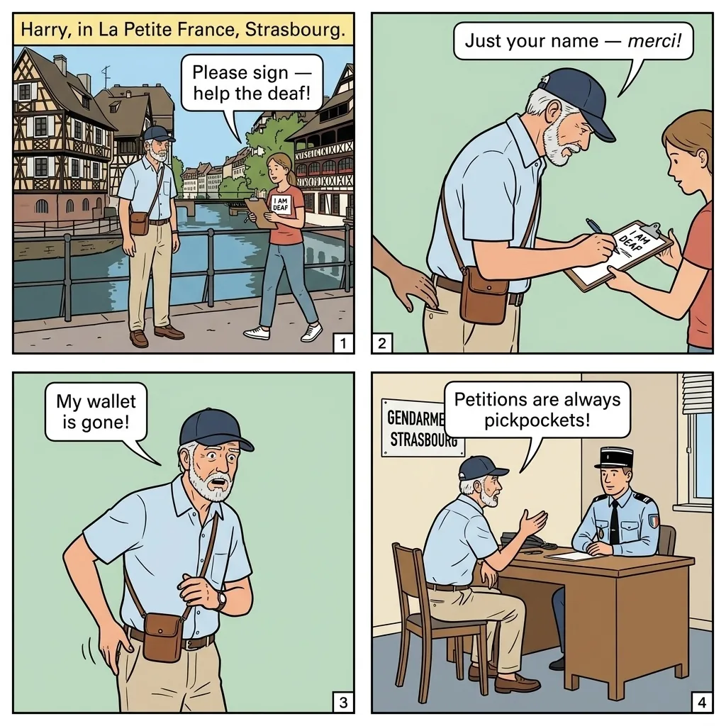 Petition/Deaf Charity Clipboard Scam — comic illustration