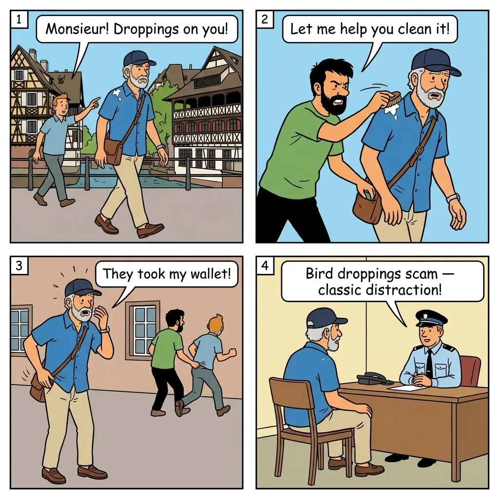 Bump and Grab/Distraction Theft — comic illustration