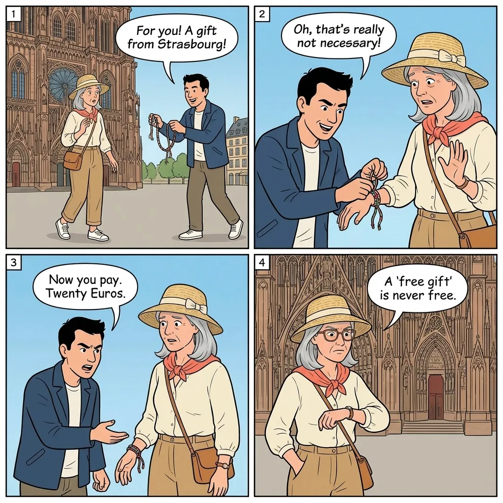 Friendship Bracelet/String Scam — comic illustration