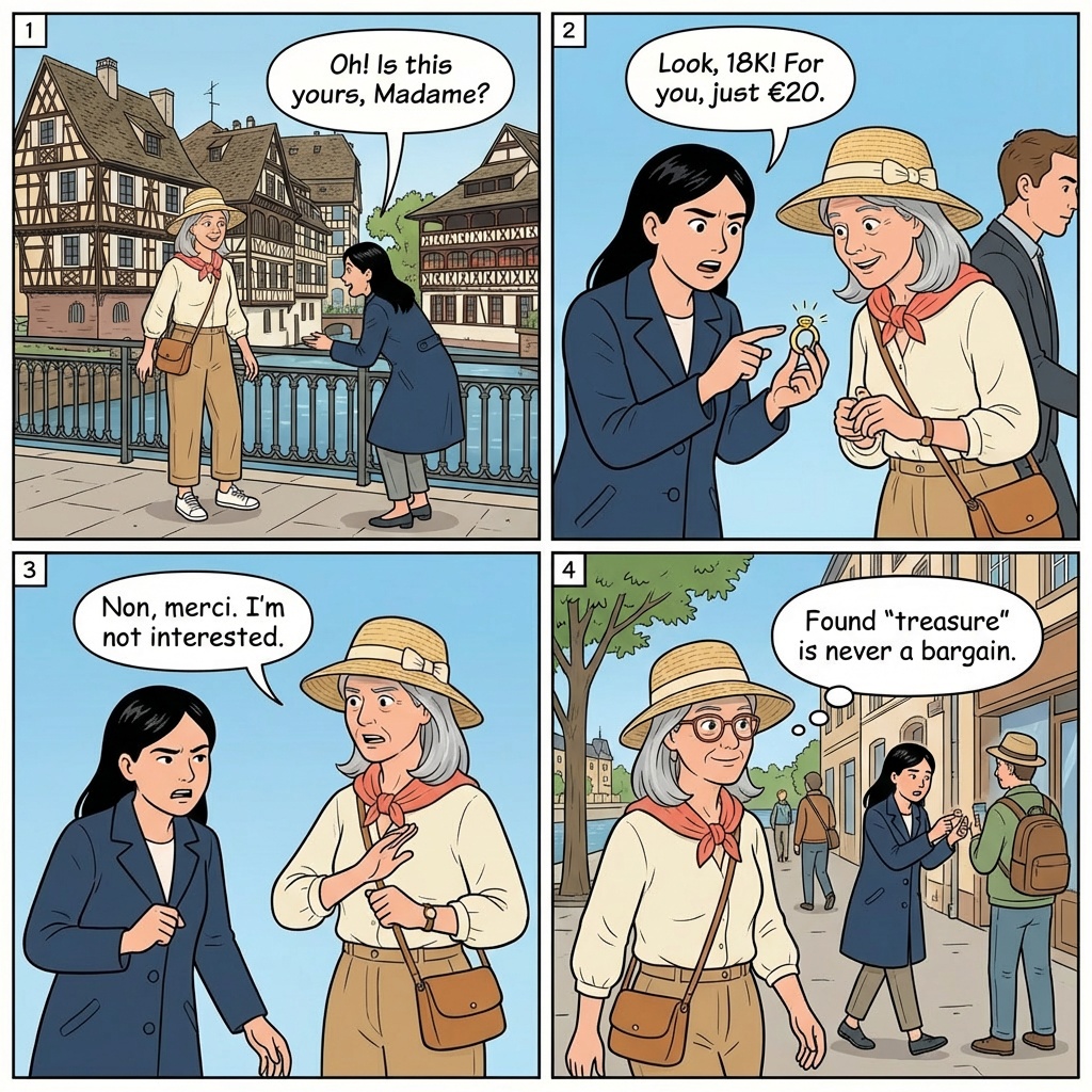 Strasbourg Cathédrale gold ring scam comic — operator on the medieval cobbled square with the Gothic cathedral spire rising in the background