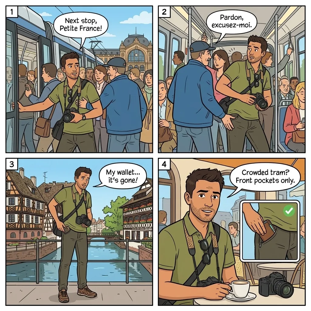 Tram/Public Transport Pickpocketing — comic illustration