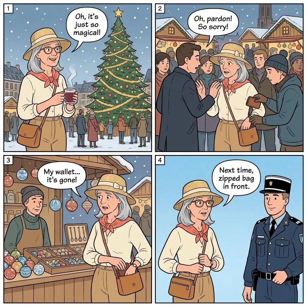 Christmas Market Pickpocketing — comic illustration