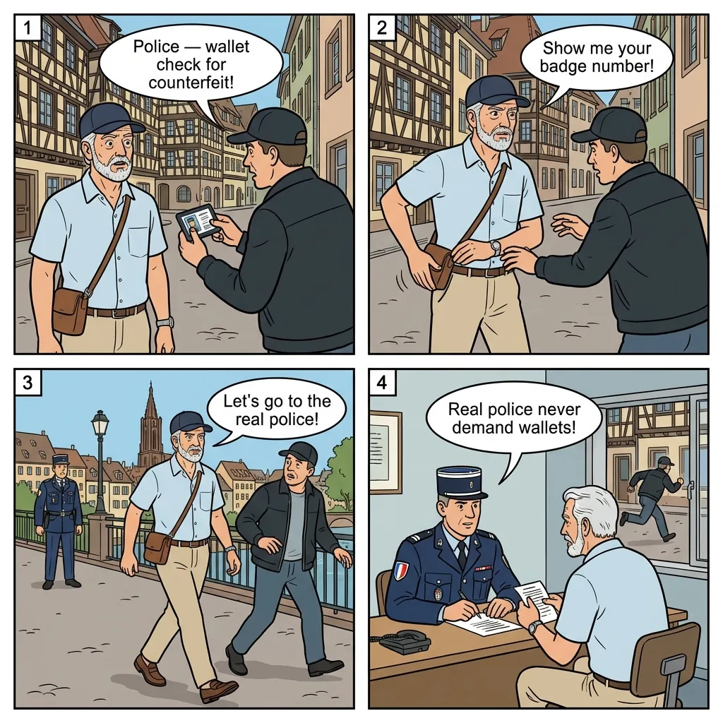Fake Police/Document Check Scam — comic illustration