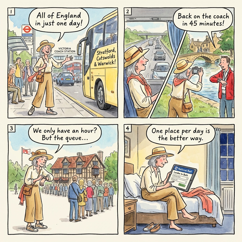 London-Stratford-Cotswolds-Warwick Coach-Tour Day-Trip Time-Value Fraud — comic illustration