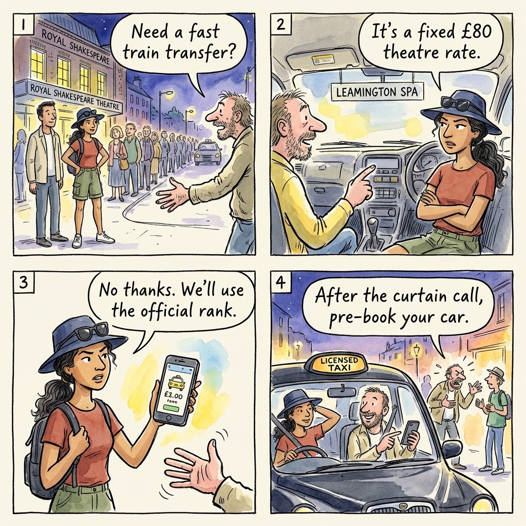Stratford Train Station Taxi & Post-Theatre Leamington Transfer Fleecing — comic illustration