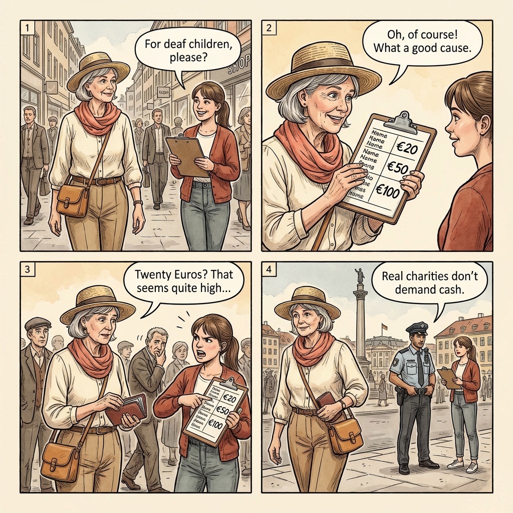 Stuttgart Hauptbahnhof & Königstraße Approach Scams — comic illustration